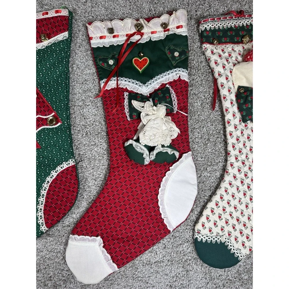 Vintage Handmade Quilted Christmas Stockings Lot of 4 Bells Lace Hearts‎